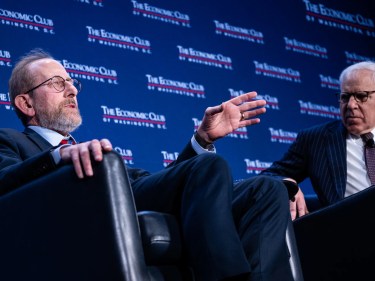 Harvard President Alan Garber talking on stage