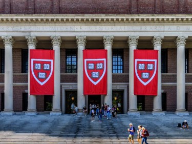 Banners in front of Widener Library